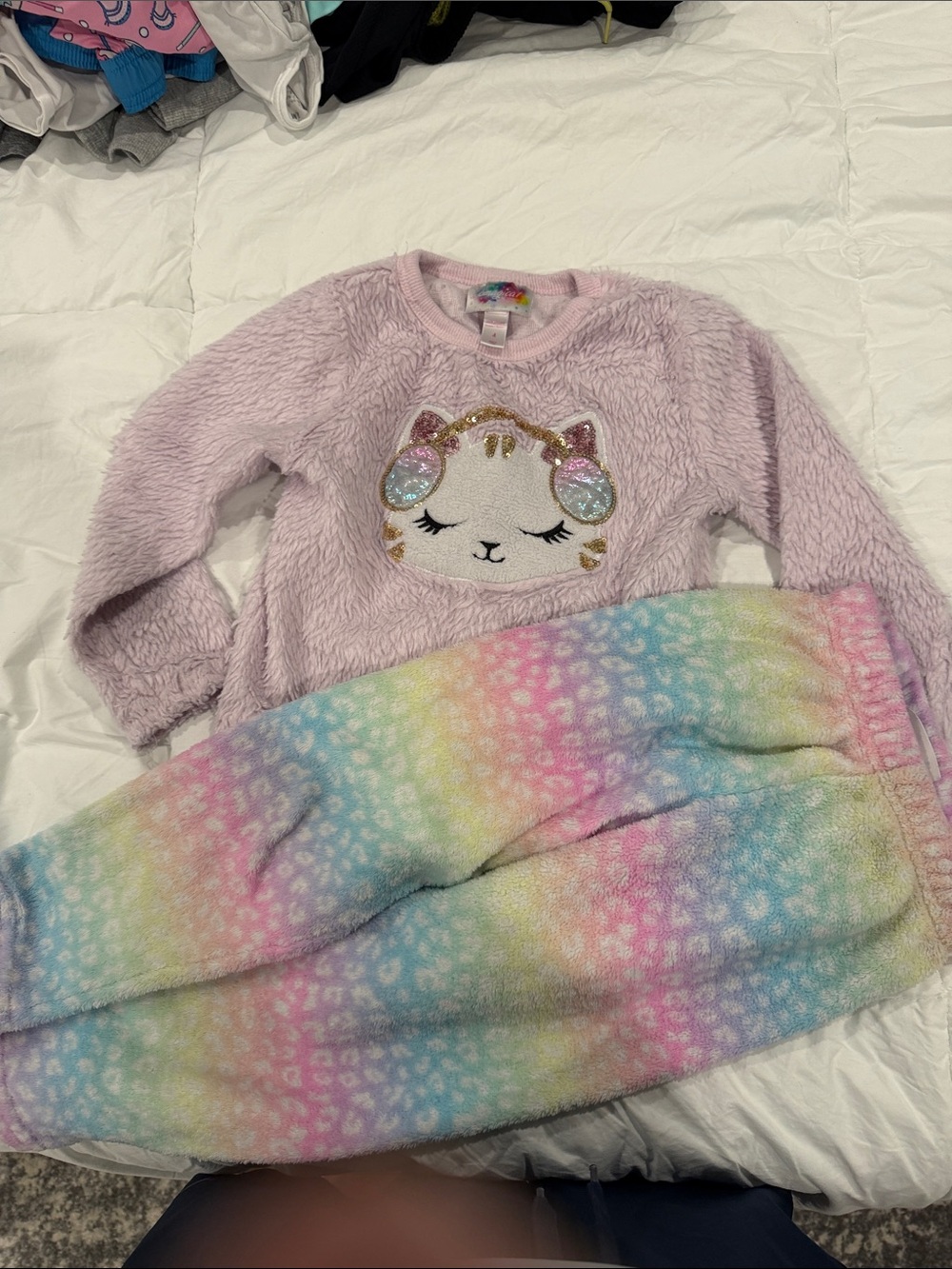 Magic Plush Light Pink Unicorn-Cat Pajama Set with Pastel Rainbow Pants